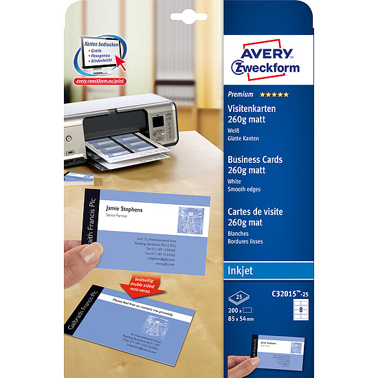 Avery-Zweckform C32015-25 inkjet kétoldalas matt névjegykártya 85x54mm 260gr. 25 ív