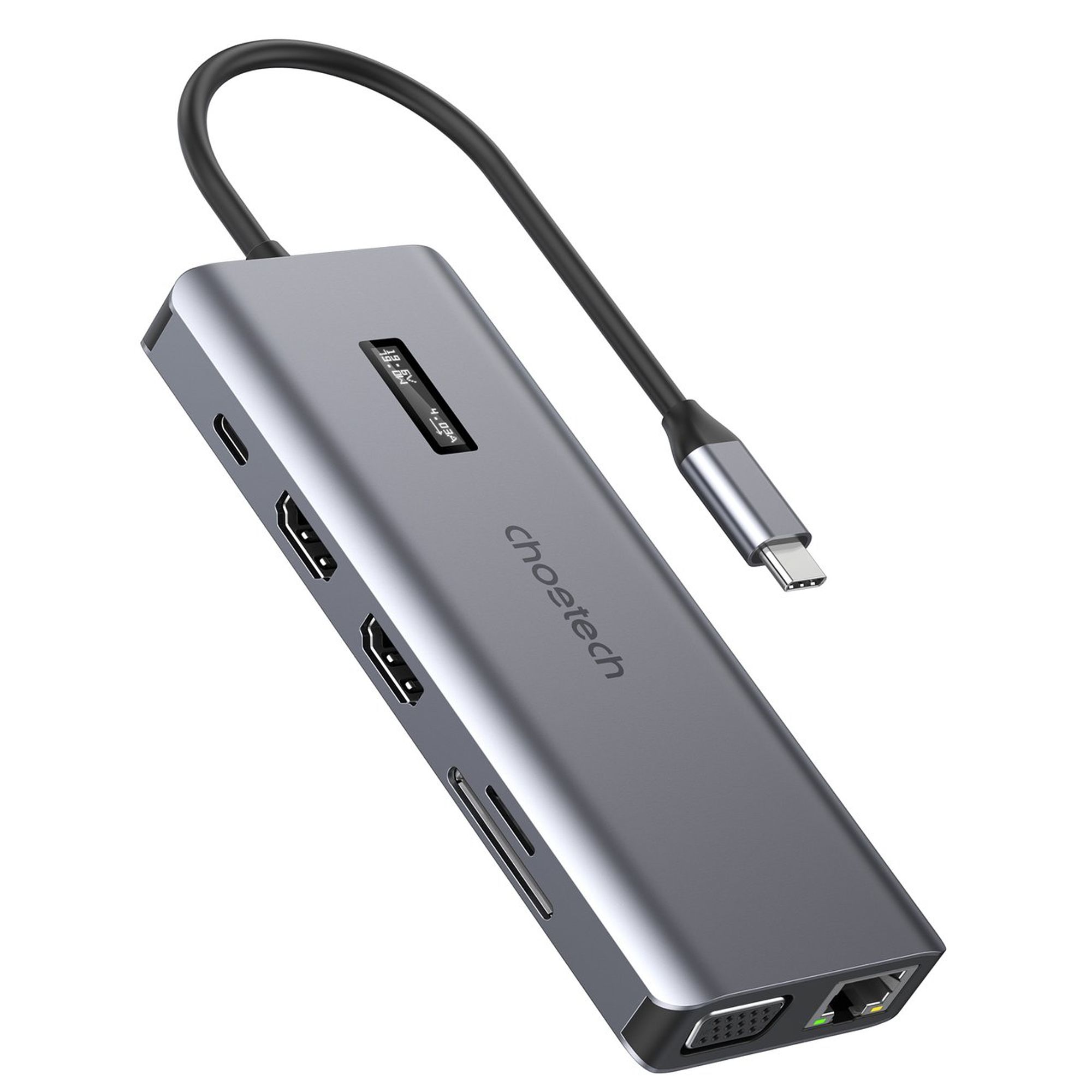 Choetech multifunkcionális HUB kijelzővel 12 az 1-ben USB-C USB-C / USB-A / HDMI / VGA / AUX / SD / TF szürke (HUB-M26)