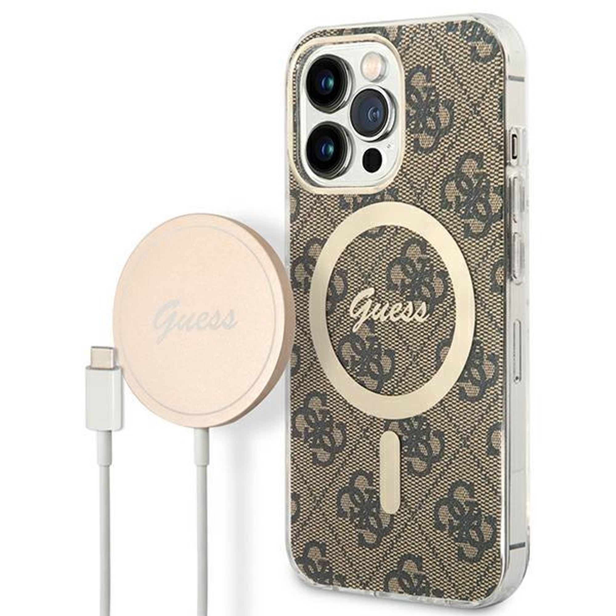 Szett Guess GUBPP13LH4EACSW Case+ Töltő iPhone 13 Pro barna/barna kemény tok 4G Print MagSafe