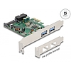 Delock PCI Express x1 Kártya - 2 x külső USB 3.2 Gen 1 A-típusú USB csatlakozó + 1 x belső 19 tűs USB tű fejes apa - alacsony profilú formatényező (90096)